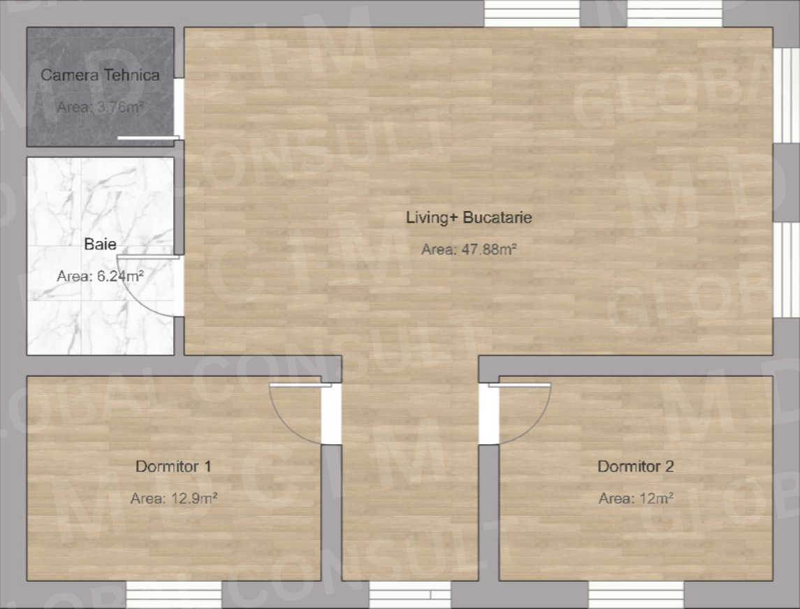 Plan parter structura – casa fara etaj 82 mp, zidarie confinata